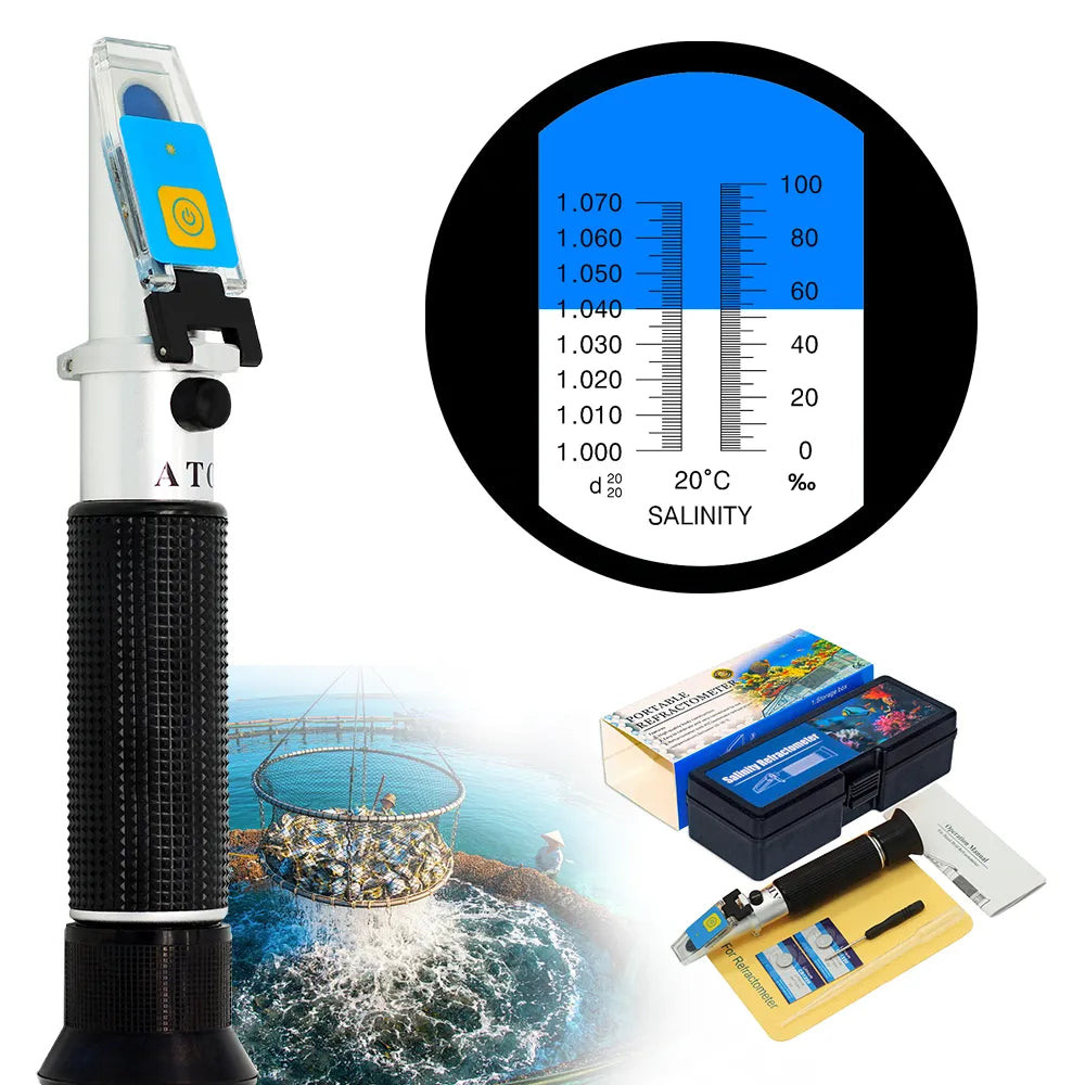 Optisk refraktometer med ATC och LED-belysning för salinitet. Exempel på användning i fiskodling och havsvattenmiljöer.