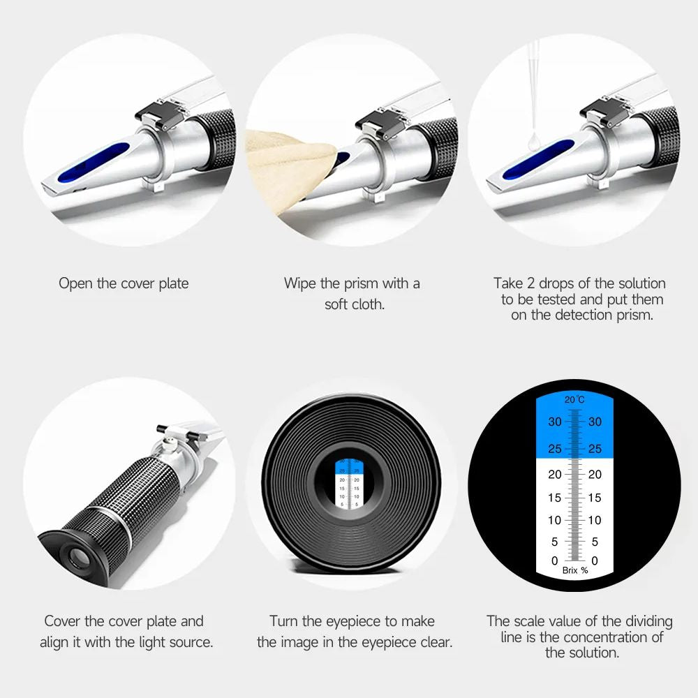 Steg-för-steg-guide på svenska för användning av en optisk refraktometer med LED och ATC, inklusive öppning, provtagning, avläsning och justering.