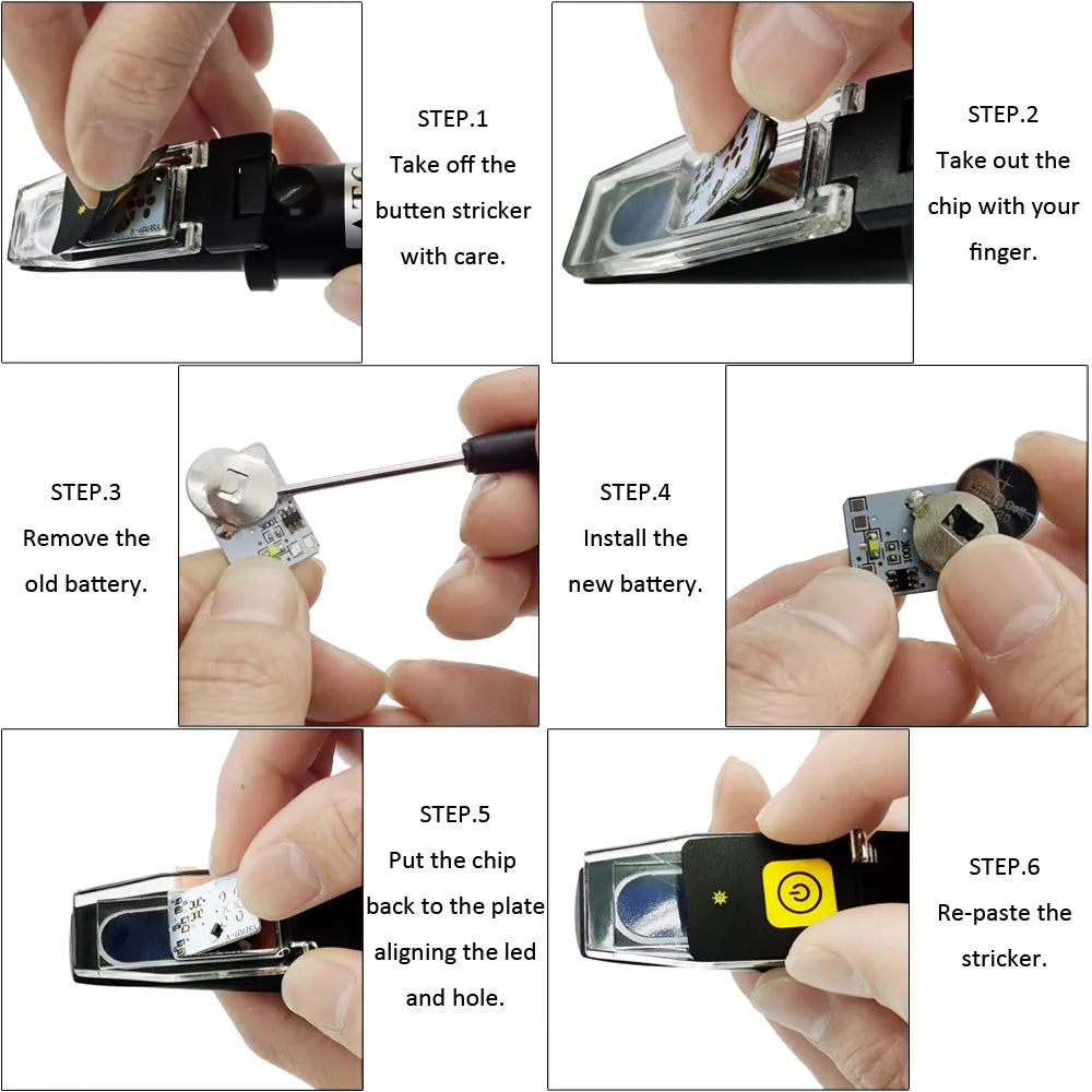 Sexstegs-guide som visar hur man byter batteri i en optisk refraktometer med LED-belysning, inklusive borttagning av klistermärke, chip och batteri.