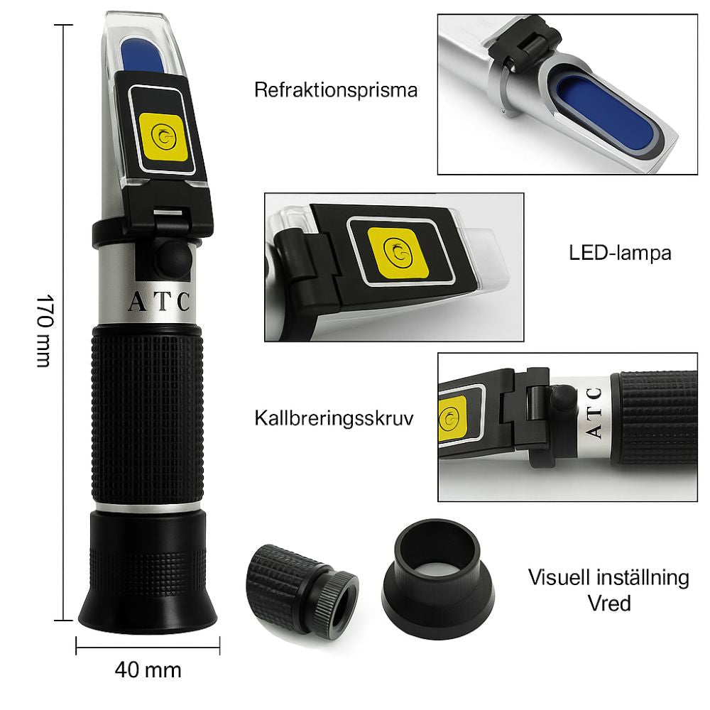 Sammansatt bild som visar komponenterna på en optisk refraktometer med LED och ATC: refraktionsprisma, LED-lampa, kalibreringsskruv och visuellt inställningsvred.
