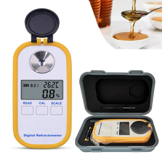 Digital refraktometer för mätning av sockerarter och brytningsindex, med display och provfodral