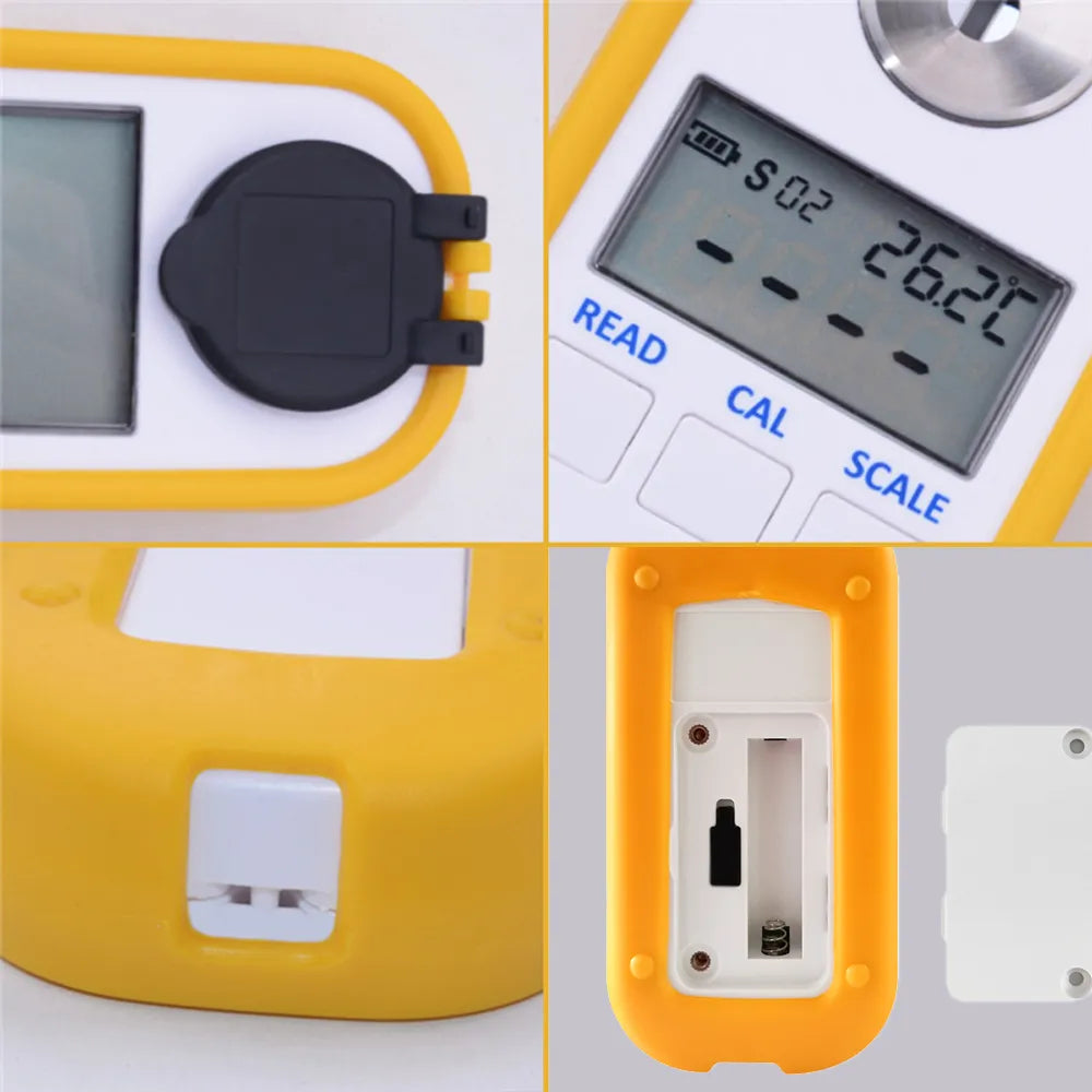 Närbilder på digital refraktometer med skyddslock, display och batterifack