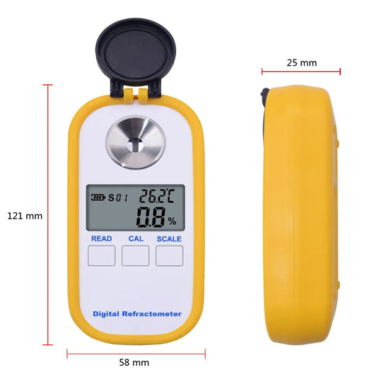 Måttangivelser för digital refraktometer – höjd 121 mm, bredd 58 mm