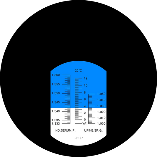 Mätskala för LED-RHC-200 – visar urinens specifika vikt (SG), serumprotein (SP) och refractive index (nD).