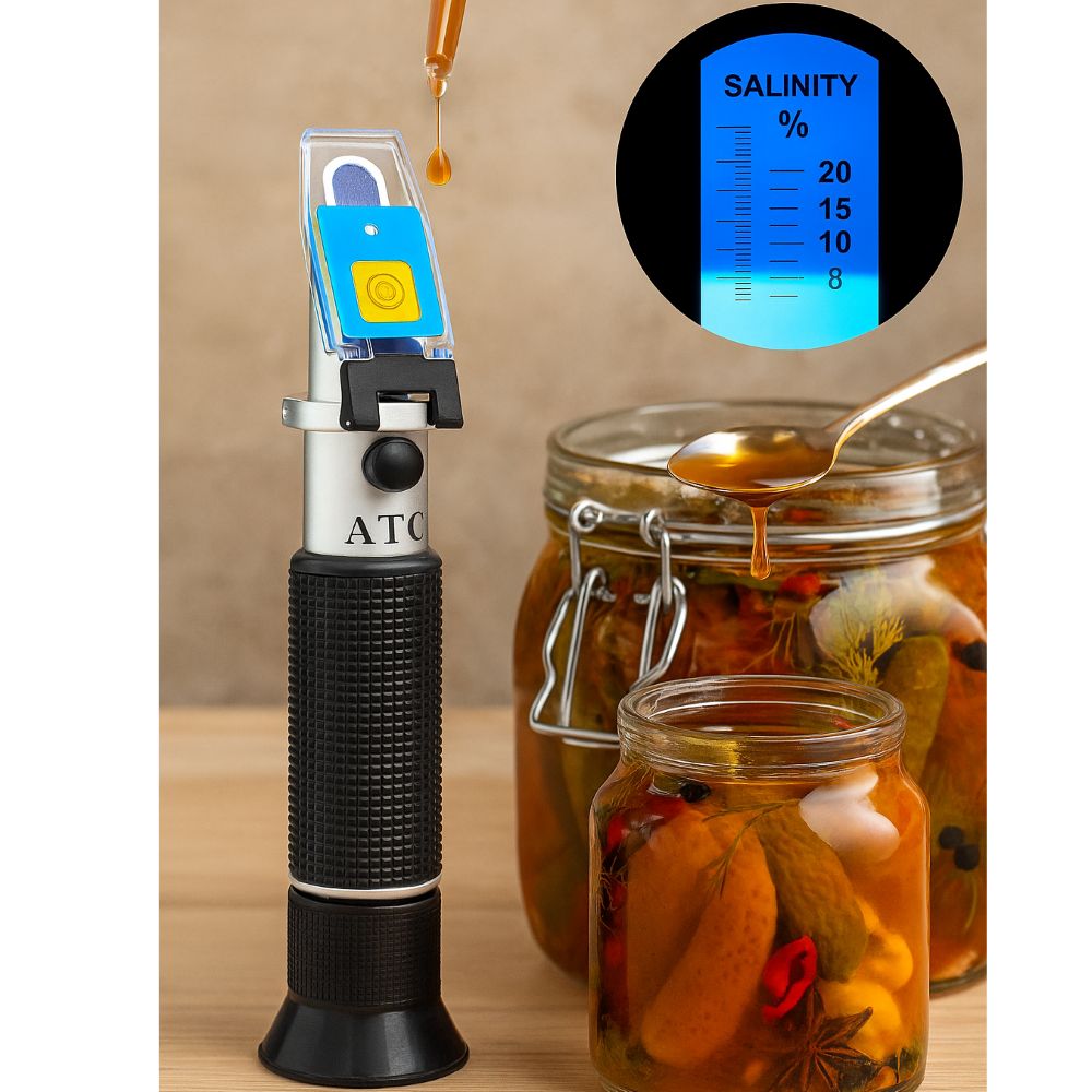 Optisk refraktometer med ATC placerad bredvid glasburkar med inlagda grönsaker i saltlake, redo för mätning av salthalt.