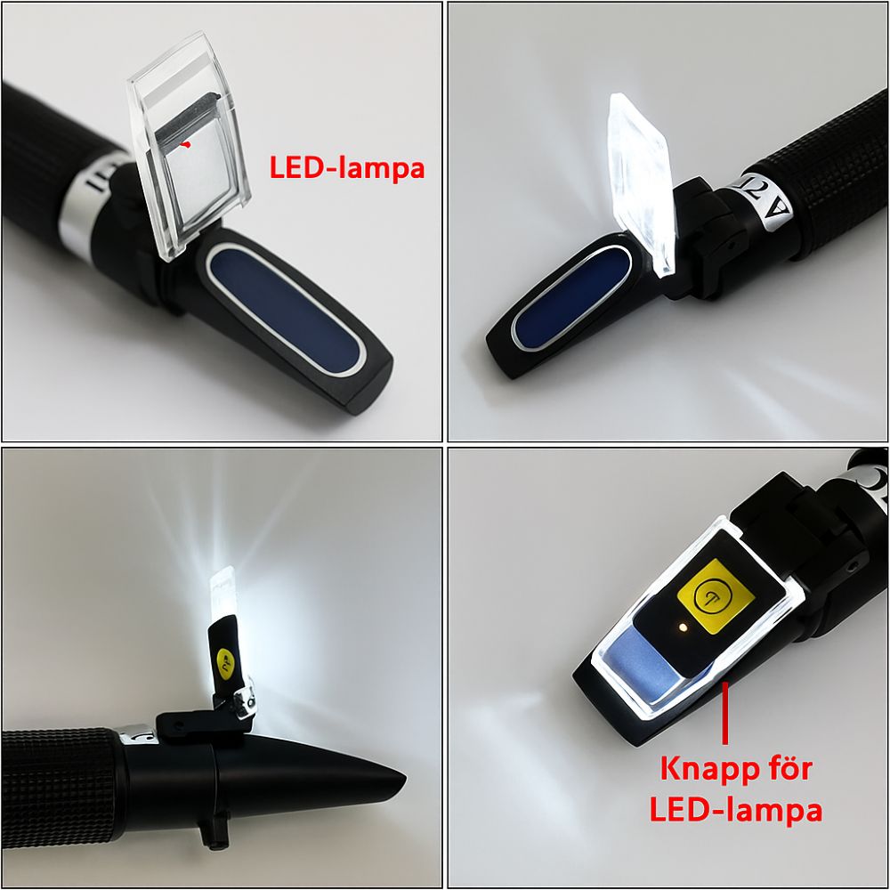 Fyra bilder som visar LED-lampan och knappfunktionen på en optisk refraktometer med ATC.