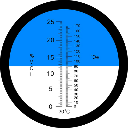 Skala med alkoholhalt 0–25 % vol och Oechsle 0–170 °Oe, optisk refraktometer för vin