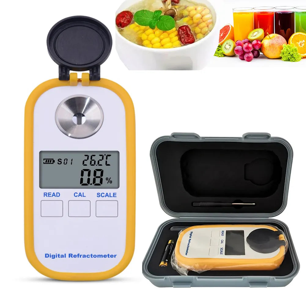 Digital refraktometer DBS-50 med display och förvaringslåda, för mätning av Brix och salinitet i livsmedel och dryck