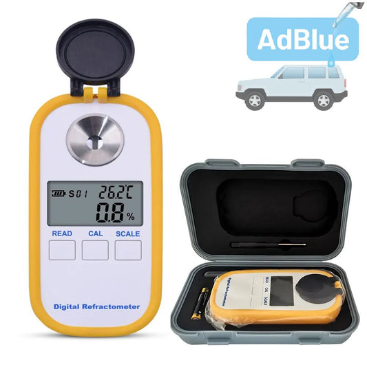 Digital refraktometer för fordon med öppen lins och bakgrundsbelysning, visande temperatur och koncentration på displayen. Instrumentet ligger bredvid sin förvaringslåda med pipett och batteri, medan en bilikon och blå vätska som representerar AdBlue visas ovanför.









Fråga ChatGPT

