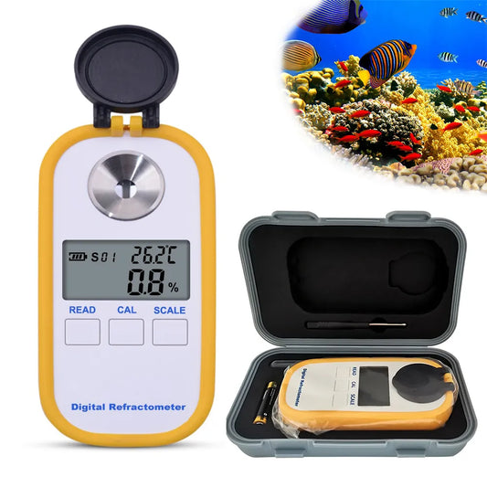 Digital refraktometer för havsvatten – visar instrument, tillbehör och marina miljöer med korallrev och fiskar.