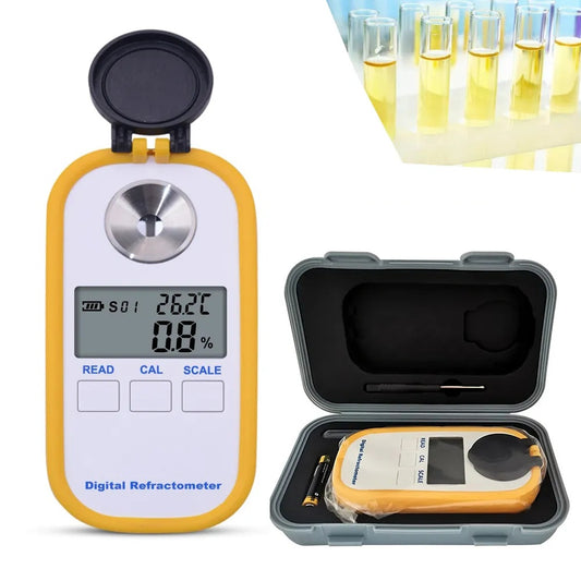 Digital refraktometer för urin, serumprotein och brytningsindex, med fodral och laboratoriebakgrund