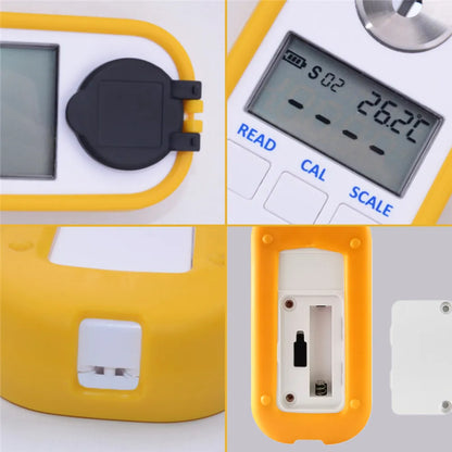 Närbilder på digital refraktometer med skyddslock, display och batterifack