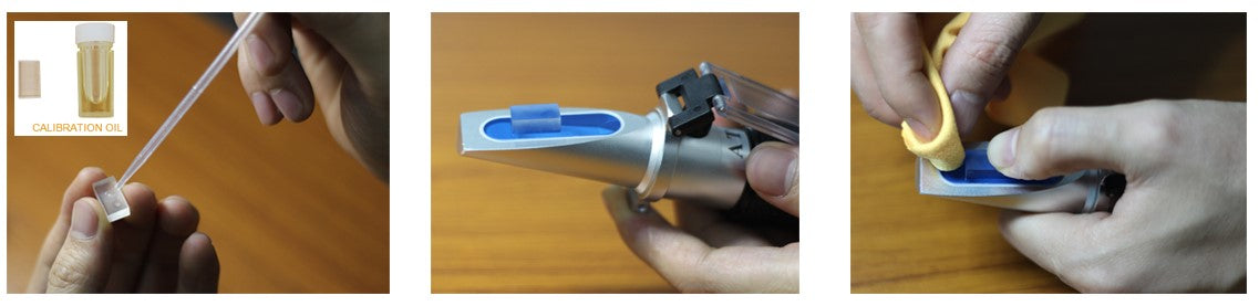 Användning av kalibreringsolja och referensblock vid kalibrering av honungsrefraktometer