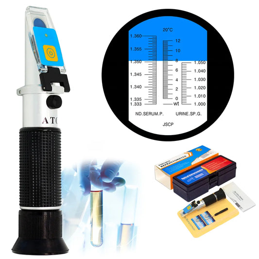 Optisk klinisk refraktometer LED-RHC-200 med LED-belysning, för urin och serum, visad i skyddsfodral med tillbehör.