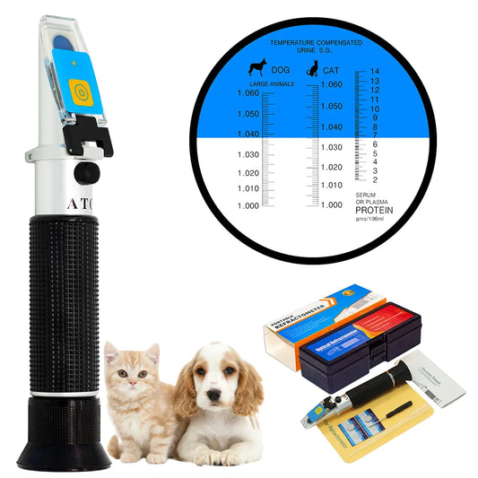 Optisk refraktometer med LED, för hund och katt – visas med skyddsfodral och förpackning