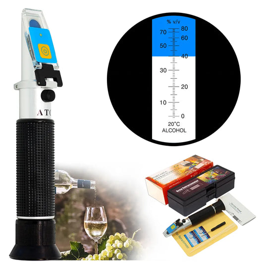 Optisk refraktometer LED-RHW-80V med alkoholskala 0–80 % v/v – för vin, öl och alkoholhaltiga drycker