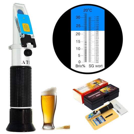 Optisk refraktometer för öl med LED-belysning, mäter Brix och specifik vikt för vört (SG wort), inklusive tillbehör