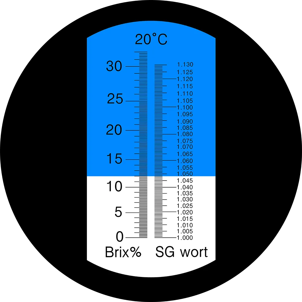 Skala för optisk refraktometer med Brix och specifik vikt för vört (SG wort), 0–32 % Brix, 1.000–1.130 SG