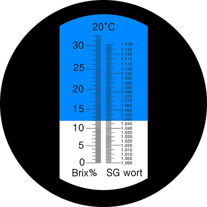 Skala för optisk refraktometer med Brix och specifik vikt för vört (SG wort), 0–32 % Brix, 1.000–1.130 SG