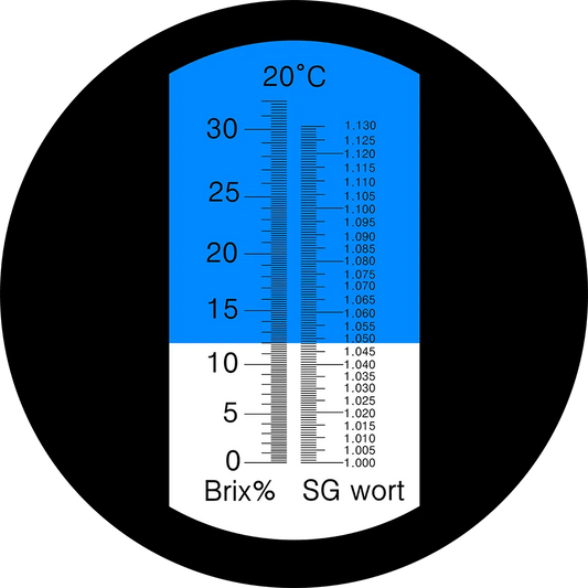 Skala för optisk refraktometer med Brix och specifik vikt för vört (SG wort), 0–32 % Brix, 1.000–1.130 SG
