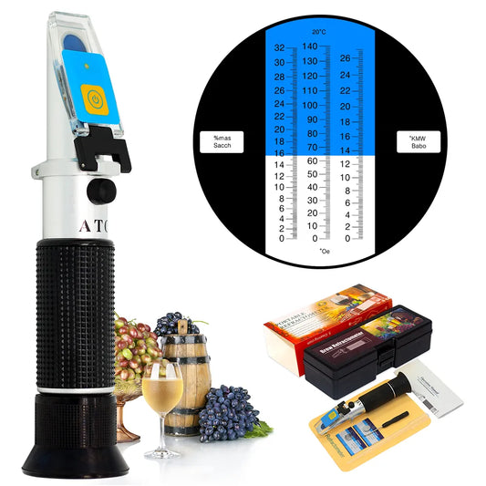Optisk refraktometer med LED och ATC – för vin, visar Oechsle, KMW och Brix, inklusive tillbehör och förvaringslåda